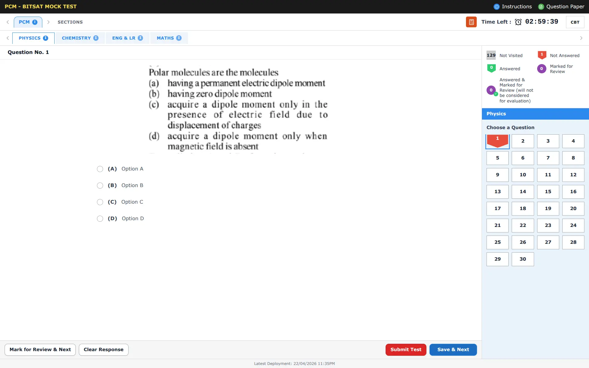 BITS-style CBT UI — section tabs, numbered palette, Save & Next