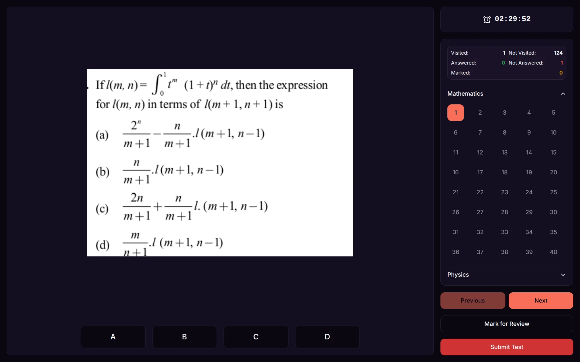 BITSAT Ranks modern exam UI — dark theme, A/B/C/D buttons, per-subject palette